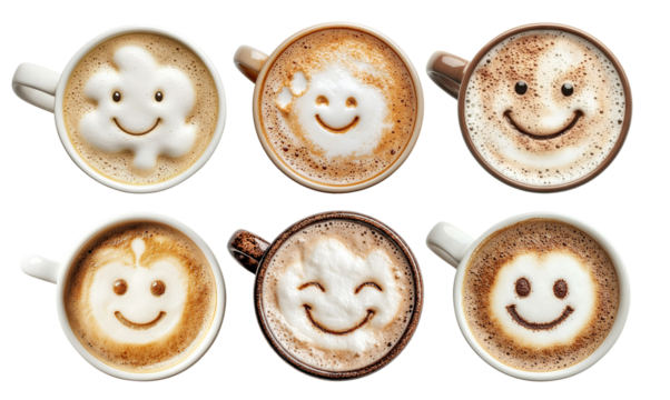Set of coffee cups with smiling foam art faces, isolated on transparent cutout background - Powered by Adobe