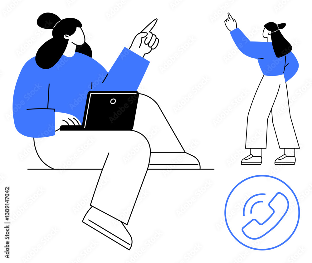 Poster person working on a laptop engaging remotely while gesturing instructions to another individual. ide