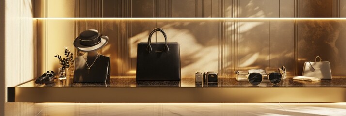 Luxurious fashion items displayed in a digital online store with a gold and black aesthetic highlighting e-commerce trends