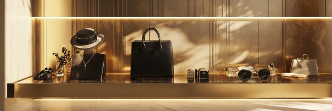 Luxurious fashion items displayed in a digital online store with a gold and black aesthetic highlighting e-commerce trends