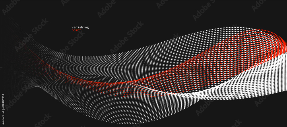 Poster abstract background vector illustration, red and black dots in motion by curve lines, particles flow