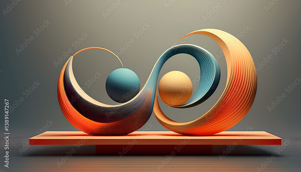 Poster Sleek abstract sculpture featuring intertwined loops and colorful spheres on a minimalist base