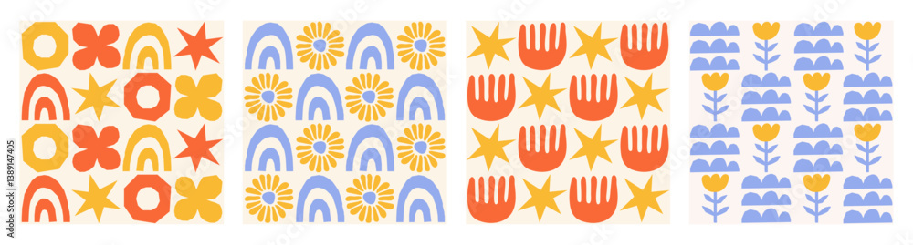 Poster Geometric set seamless patterns with hand drawn shapes on a beige background. Simple groovy modern design. Red, blue and yellow colors. Vector illustration