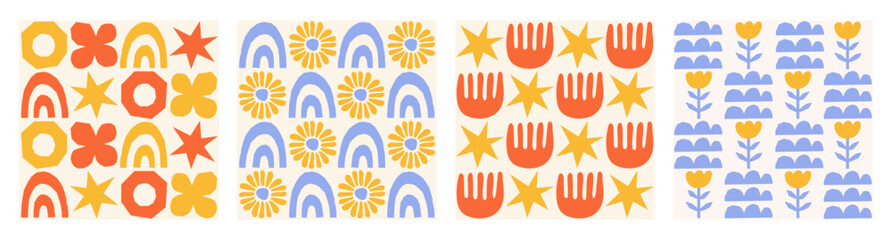 Geometric set seamless patterns with hand drawn shapes on a beige background. Simple groovy modern design. Red, blue and yellow colors. Vector illustration