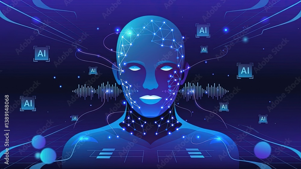 Poster futuristic ai: an advanced, ethereal ai entity emerges from a digital cosmos, its features illuminat