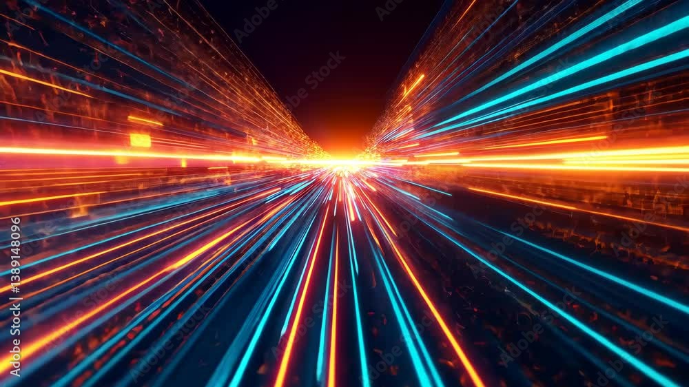 Poster futuristic digital data stream with neon light trails in a dark cyberspace, high speed internet conn