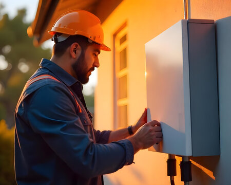 Solar power battery, installation on wall with & solar home for renewable energy, solar panel & battery for generate electricity by EV charger