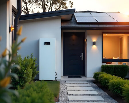 Solar power battery, installation on wall with & solar home for renewable energy, solar panel & battery for generate electricity by EV charger