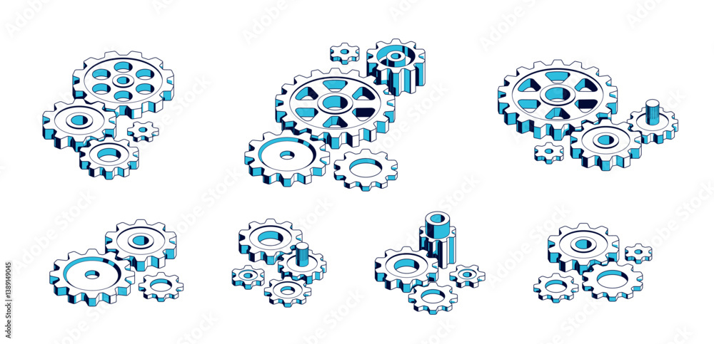 Poster mechanical engineering concept set, gears and cogs composition isometric 3d vector illustration, cog