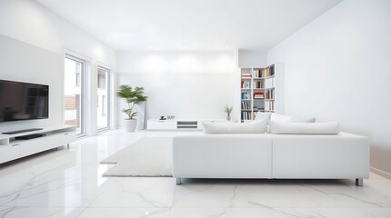 Fototapeta premium Modern Cozy minimalist living room design with a white sofa,book shelf, open layout, Scandinavian living style, open-concept living, minimalist design.Luxurious hotel room apartment