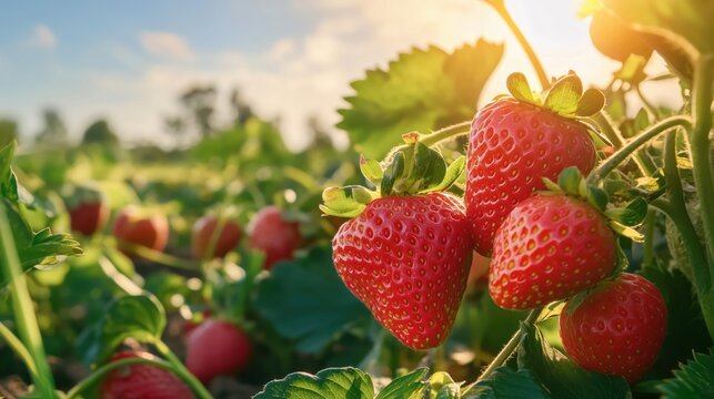 Ripe red strawberries growing on a sunny strawberry field