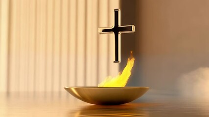 A cross hovering above a golden flame, Pentecost concept