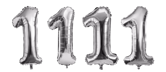 Set of silver foil number one balloons, isolated on transparent cutout background
