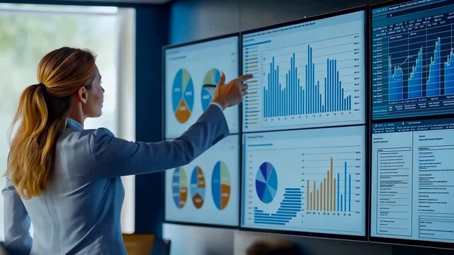 A woman presents financial data on a large multi-screen display showing various charts. She is using a stylus, seemingly explaining trends. The setting implies business, analytics, and strategy.