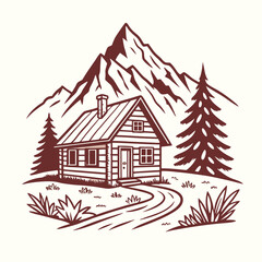 Naklejka premium Retro Vintage Style Cabin, Mountain, and Pine Tree Line Art T-Shirt Design