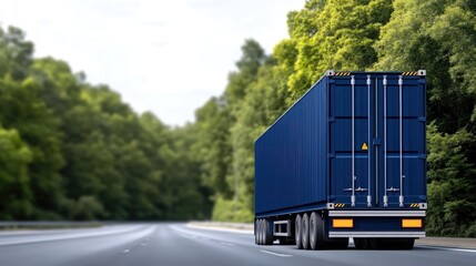 A large, dark blue shipping container travels down a highway. The container is on a semi-truck, surrounded by lush green trees. The image is well-lit, high-quality, and showcases a realistic style.