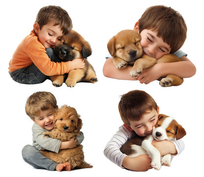 Set of smiling young boys cuddling adorable puppies, isolated on transparent cutout background