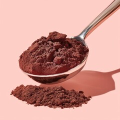 A heaping spoonful of milk chocolate cocoa, emphasizing its deep color and fine particles - dark deep cocoa intense fine
