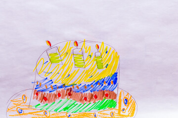 Cake with candles made by child using felt tip pens painting