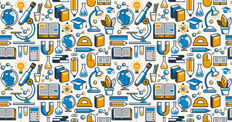 Education seamless background, vector endless pattern wallpaper with a lot of elements on study and learning theme, can be used separately like an icon.