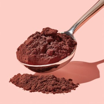 A heaping spoonful of milk chocolate cocoa, emphasizing its deep color and fine particles - dark deep cocoa intense fine