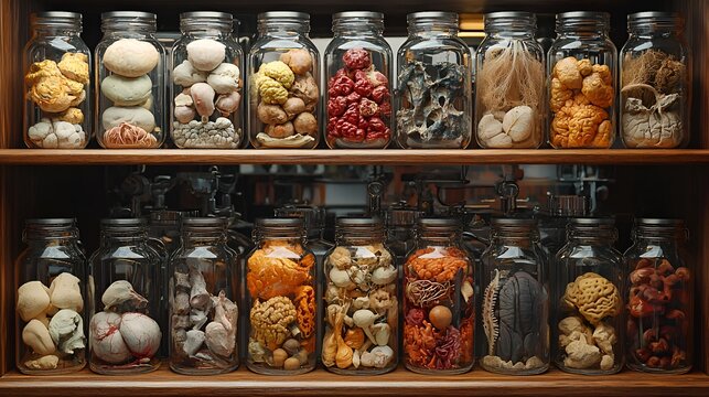 Glass jars filled with preserved specimens on wooden shelves.