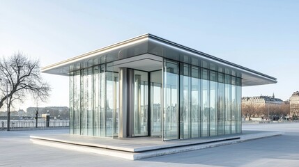 Fototapeta premium Innovative modern architecture showcasing a glass pavilion in an urban park during early morning light