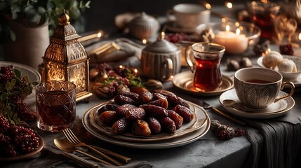 Celebrate eid al-fitr with traditional lanterns and dates under the crescent moon islamic festival decorations cozy home environment