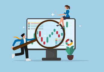 Business People Analyzing Digital Marketing Data with Candlestick Chart on Computer Screen Using Magnifying Glass for Financial Report and Performance Metrics Evaluation.