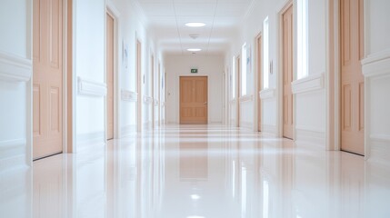 Hospital Corridor Doors and Walls Minimalist Bright Lighting Long Shot Smooth Surfaces Empty Space Clean Modern Bright White Healthcare Setting