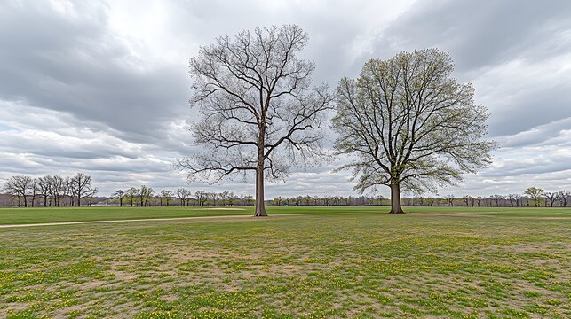 Two trees stand in a wide field under a cloudy sky