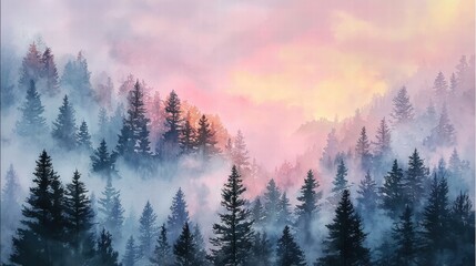 Naklejka premium Watercolor of landscape forest misty mountains horizon and fog and hills,pine tree fir tree,Autumn forest background,drawn by hand,Autumn illustration design elements for landscape,wallpaper.
