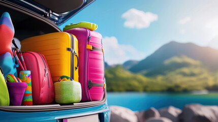 A vibrant family road trip scene with car trunk packed with colorful luggage, toys, and hiking gear, overlooking serene lake
