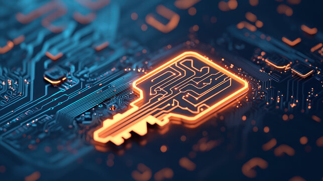 A glowing digital key with circuit like patterns unlocking virtual system, symbolizing cybersecurity in futuristic setting