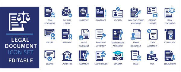 Legal document icon set. including contract, ID, certificate, court order, and agreement icons. Ideal for law, office, and legal service designs.Editable flat vector solid icons collection