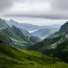 Fototapeta premium A photo of a misty mountain range with faded greens and grays. Generated by AI