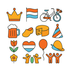 Vector Icons for Spring Celebrations and Royal Events. 
This vector icon set is designed for the Spring Royal festival in the Netherlands, featuring symbols like bicycles, flags, and shoes. Perfect fo