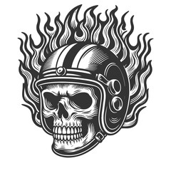 skull in a motorcycle helmet with flames, symbolizing biker rebellion and intensity sketch engraving generative ai raster illustration. Scratch board imitation. Black and white image.