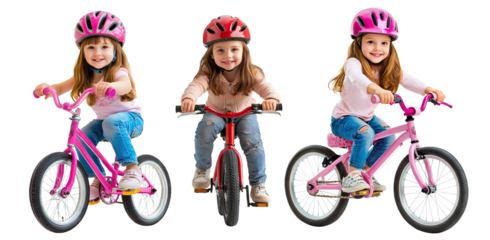 Collection of happy girls cycling in safety gear, isolated on transparent cutout background