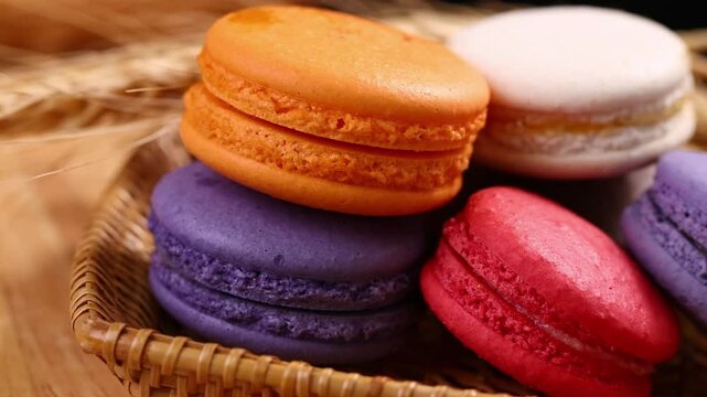 Multicolored macarons in a basket	