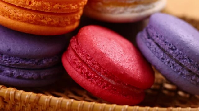 Multicolored macarons in a basket	