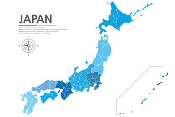 8.Japan blue map1. A map of Japan showing the regional boundaries in blue.