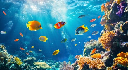 Fototapeta premium Colorful tropical fish and coral reef landscape background. Ocean life wallpaper with various colorful fishes swimming in the sea, isolated on a blue water surface. 