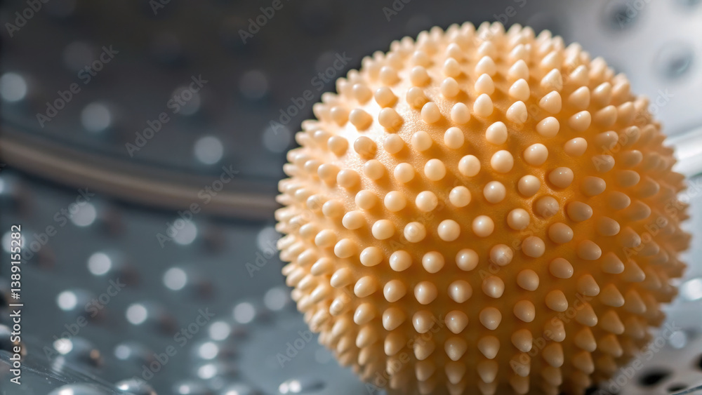 Poster this features textured spherical object with numerous small protrusions, set against metallic backgr