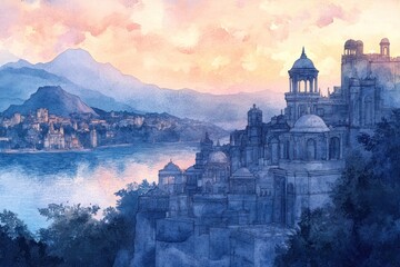 Obraz premium A beautiful watercolor painting depicting a coastal city at dusk