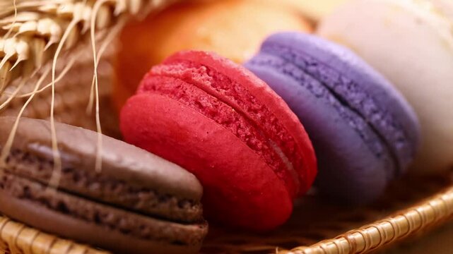 Multicolored macarons in a basket