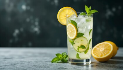 Fototapeta premium Refreshing Lemonade Drink With Lemon And Mint