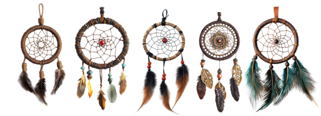 Set of traditional dream catchers with feathers and beads, isolated on transparent cutout background