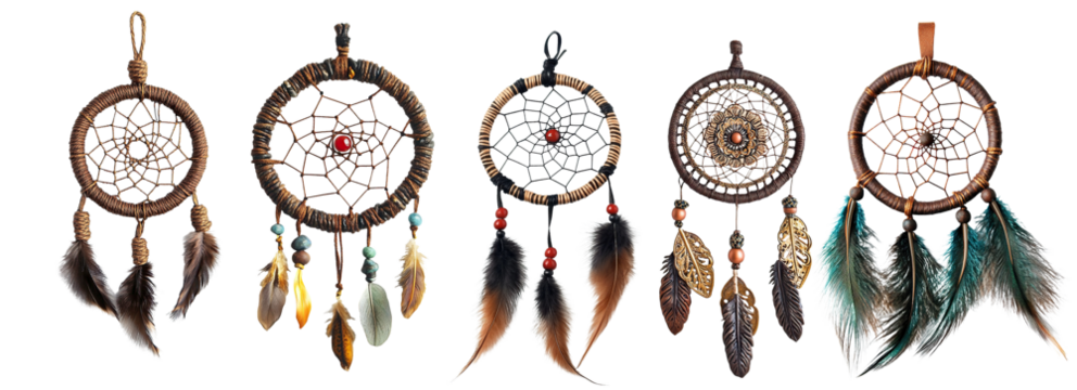 Set of traditional dream catchers with feathers and beads, isolated on transparent cutout background