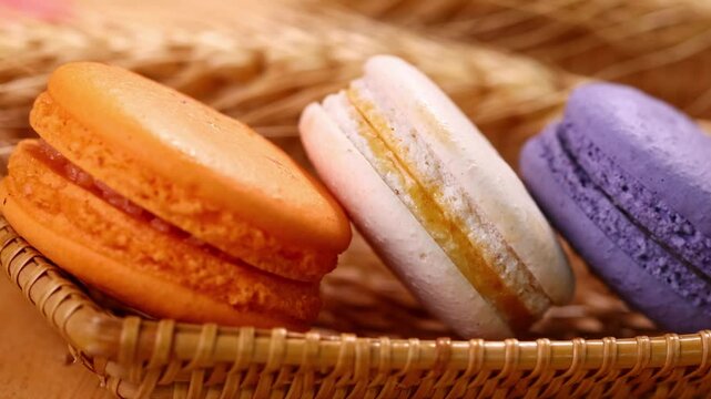 Multicolored macarons in a basket